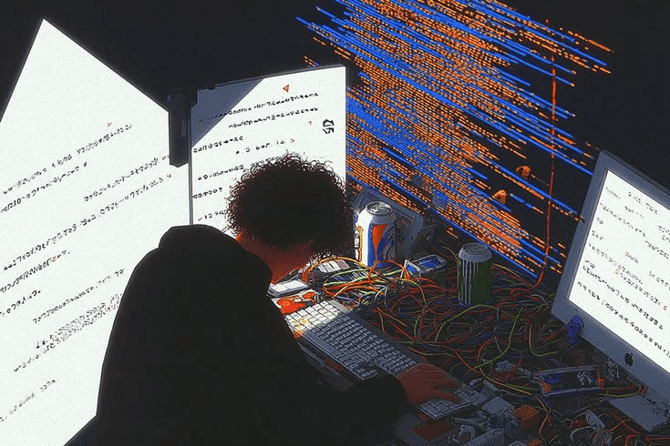 Illustrated developer working at a desk with code on screen