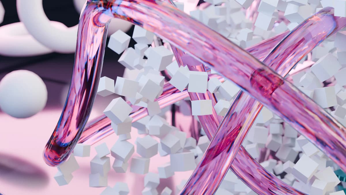 Pink glass tubes and white geometric forms in a 3D composition